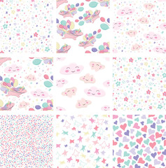 set 9 seamless patterns with flying unicorn holds colorful balls in its mouth
