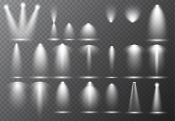 Vector light sources, concert lighting, stage beam spotlights set  lens flash effect. Spot lamp projection studio for podium, club, show, scene illuminated. Floodlight on transparent background.