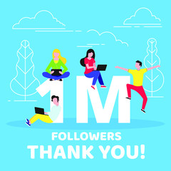 Obraz premium Thank you million followers numbers postcard. People man, woman big numbers flat style design 1m thanks vector illustration isolated on blue background. Template for internet media and social network.