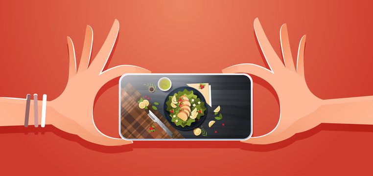 Food Blogger Taking Mobile Photo Of Fresh Vegetable Salad With Chicken And Sauce Top Angle View Smartphone Screen Social Network Activity Concept Horizontal