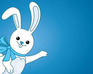 Funny bunny with a bow on a blue background.