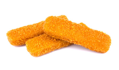 Fish fingers isolated on white background. Frozen fish sticks.