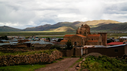 Fototapeta na wymiar Exterior view to Iglesia de Santa Isabel de Pucara, Puno, Peru