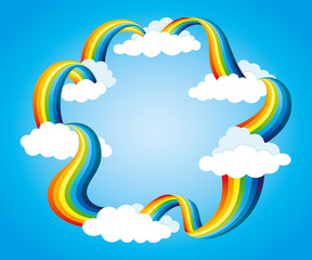 Frame from rainbow and clouds on blue background.