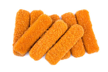 Fish fingers isolated on white background. Frozen fish sticks.