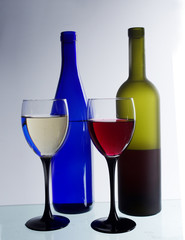 Two glasses of white and red wine and two bottles
