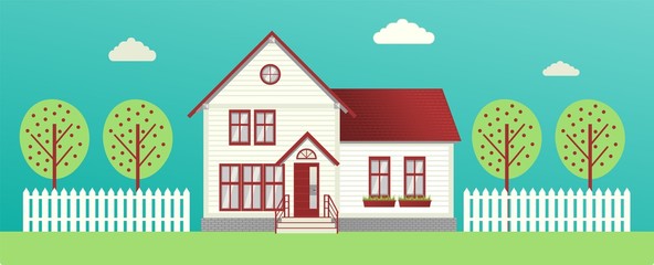 Fototapeta premium Traditional house. Family house. Buying a new home. Lodge with fence. Realty. Vector illustration in flat style