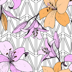 Vector Lily floral botanical flower. Engraved ink art. Seamless background pattern. Fabric wallpaper print texture.