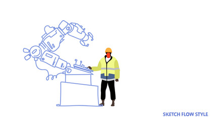 factory worker in uniform engineer of conveyor controlling robot hand working process manufacturing industry robotic production line sketch flow style horizontal