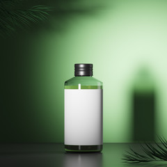 Cosmetic glass bottle with black cap on green background with exotic leaves. Mock up. 3d rendering