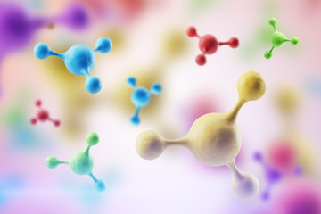 Multicolored molecules or atoms on a light background. 3d rendering