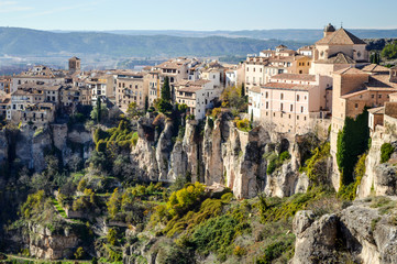 View of the medieval city of Cuenca, located on the cliffs in Spain.
