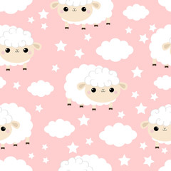 Seamless Pattern. Sheep baby. Cloud star in the sky. Cute cartoon kawaii funny smiling character. Wrapping paper, textile template. Nursery decoration. Pink background. Flat design