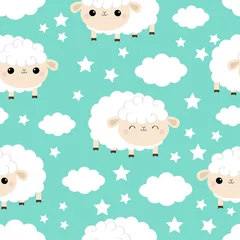 Gardinen Nahtloses Muster. Schlafende Augen der Schafe. Wolkenstern am Himmel. Netter kawaii lustiger lächelnder Babycharakter der Karikatur. Geschenkpapier, Textilvorlage. Kinderzimmer Dekoration. Blauer Hintergrund. Flaches Design © worldofvector
