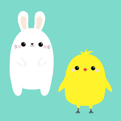 Chicken bird, bunny set. White rabbit baby chick head face. Happy Easter. Cute cartoon kawaii funny character. Friends forever. Farm animal. Green background. Flat design
