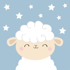 Sheep lamb sleeping face head icon.Cute cartoon kawaii funny smiling baby character. Cloud shape fur. Sweet dreams. Nursery decoration. Flat design. Violet background with stars on the sky.