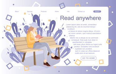 Young stylish male and female readers dressed in trendy apparel sitting on stack of giant books or beside it and reading. Literature fans or lovers. Colored vector illustration in contemporary style.