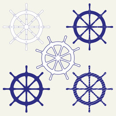 A set of five icons of the ship's steering wheels. Isolated vector illustration on gray background.  