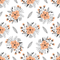 Flowers and leaves hand drawn seamless pattern. Sketch for wrapping paper.