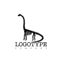 Vector logotype dinosaur skeleton diplodocus isolated on white background. Black silhouette.