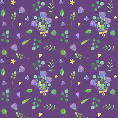 seamless pattern with cute watercolor illustration of stylized flowers.