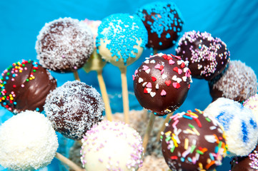 Colorful round cake pops on the wooden stick. Chocolate lollipops