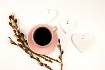 Spring coffe wallpaper with flower and white hearts
