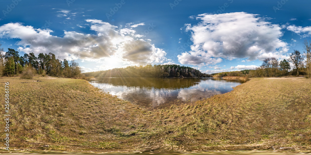Wall mural full seamless spherical panorama 360 degrees angle view on the shore of wide river neman in evening 