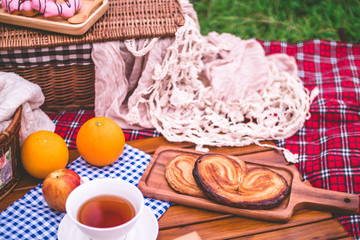 Summer picnic with a basket of food on blanket in the park.
