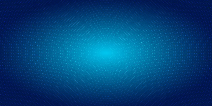 Abstract radial dots pattern halftone on blue gradient background. Technology digital concept futuristic neon lighting.