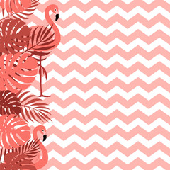 Background with leaves and zigzags lines in vibrant coral color. Design for postcard, poster, banner.