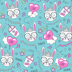 Cute bunny pattern on a turquoise background. Colorful trendy seamless pattern. Fashion illustration drawing in modern style for clothes. Drawing for kids clothes, t-shirts, fabrics or packaging.