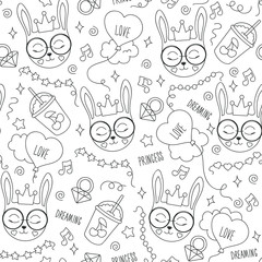 Cute bunny pattern on a white background. Black and white abstract outline seamless pattern. Drawing for kids clothes, t-shirts, fabrics or packaging.  Bunny, balloon, note, beads, star, ring.