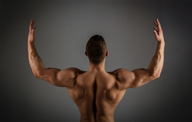 Fototapeta na wymiar Muscular back, male naked, healthy muscular guy, torso man. Muscled back, strong man, bodybuilder, muscular men. Sporty guy, male power. Fitness muscled man. Athletic caucasian. Bodybuilding, ab, sexy