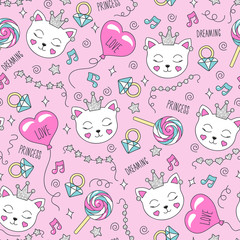 Cute cat pattern on a pink background. Colorful trendy seamless pattern. Fashion illustration drawing in modern style for clothes. Drawing for kids clothes, t-shirts, fabrics or packaging.