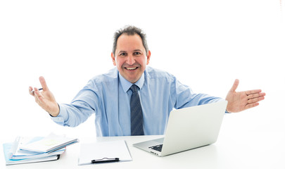 Portrait of happy creative business man working on laptop on new project sharing ideas