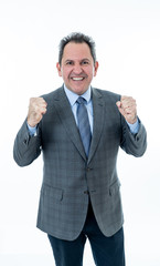 Half body portrait of happy confident middle aged businessman isolated on white background