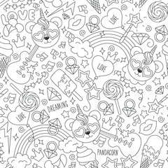 Cute panda pattern on a white background. Black and white outline seamless pattern. Drawing for kids clothes, t-shirts, fabrics or packaging. Panda, ice cream, note, star, ring, guitar e.t.