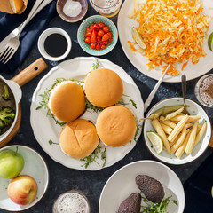 Summer party food top view various food table flat lay