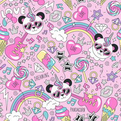 Cute panda unicorn pattern on a pink background. Colorful trendy seamless pattern. Fashion illustration drawing in modern style for clothes. Drawing for kids clothes, t-shirts, fabrics or packaging.