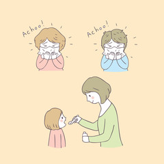 Cartoon cute mom and girl sick vector.
