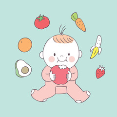 Cartoon cute baby and food vector.