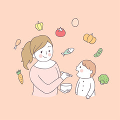 Cartoon cute mom and baby eating food vector.