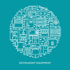 Restaurant equipment round concept banner in line style
