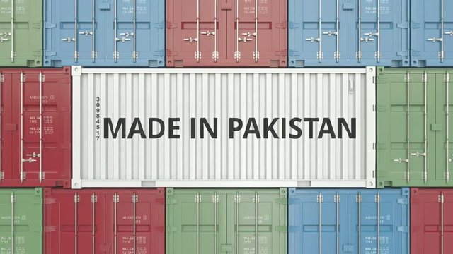 Container with MADE IN PAKISTAN text. Pakistani import or export related 3D animation