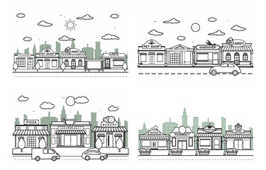 Store Front City Building Street Road Traffic Line Art Outline