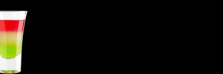 Delicious alcoholic trendy shot of the Italian flag on a black background. Wide format banner.