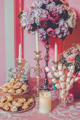 Candy Bar. Marshmallow skewers. Flower shape cookies . Flower flat cake. Candy Bar