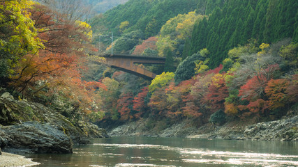 Fototapeta premium Hozugawa river boat ride route in Japan autumn season
