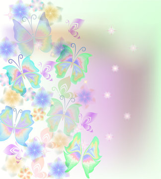 Card design.Softly pastel picture with butterflies and flowers. Vector background.	